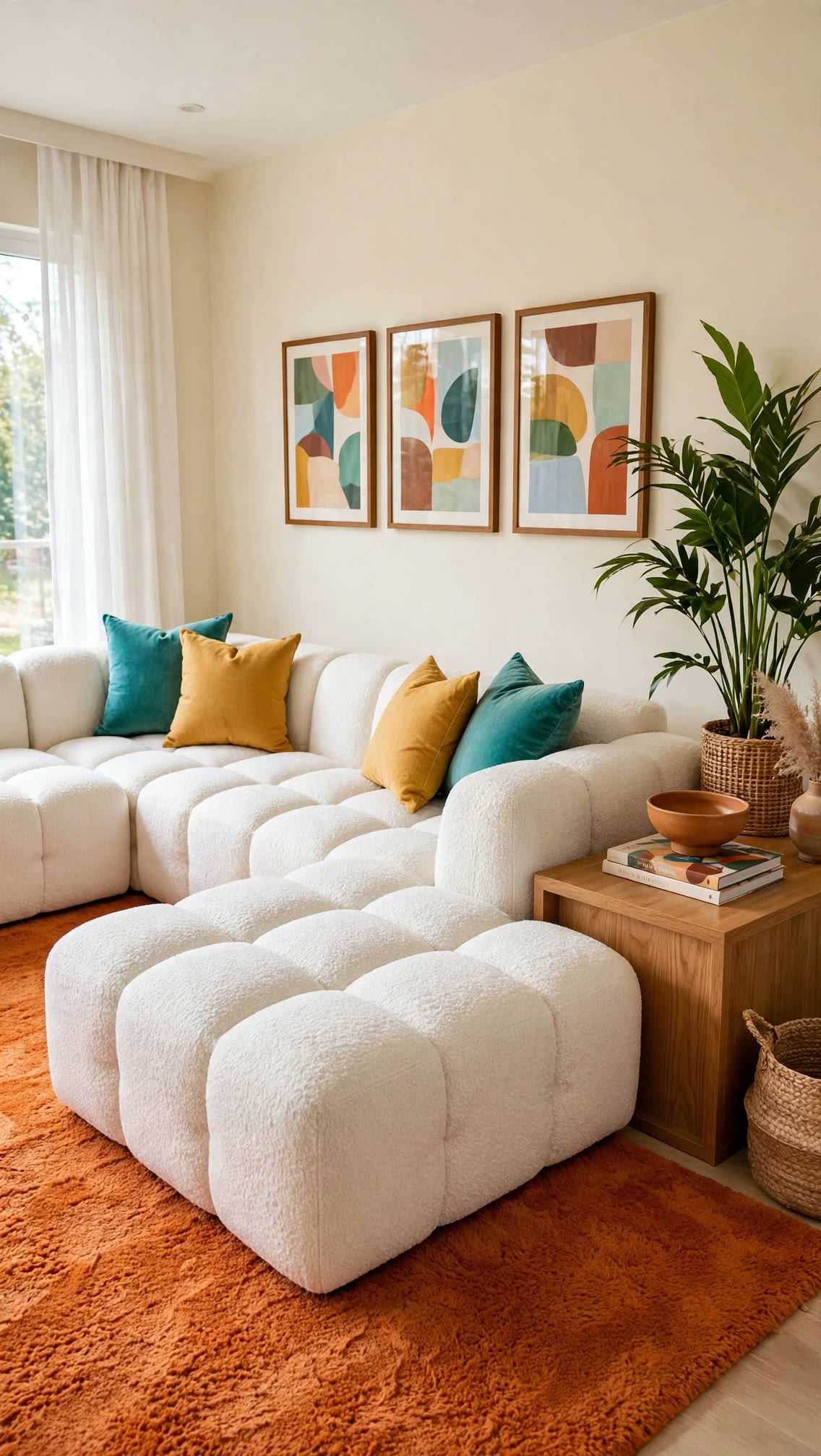 White Bouclé Modular Sofa - L-Section with Wood Side Table