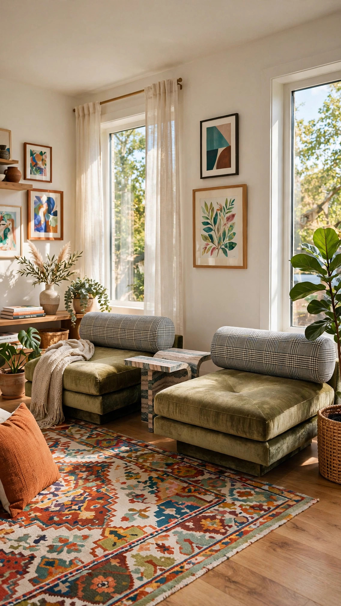 Pair of Olive-Green Velvet Lounge Chairs with Plaid Bolsters