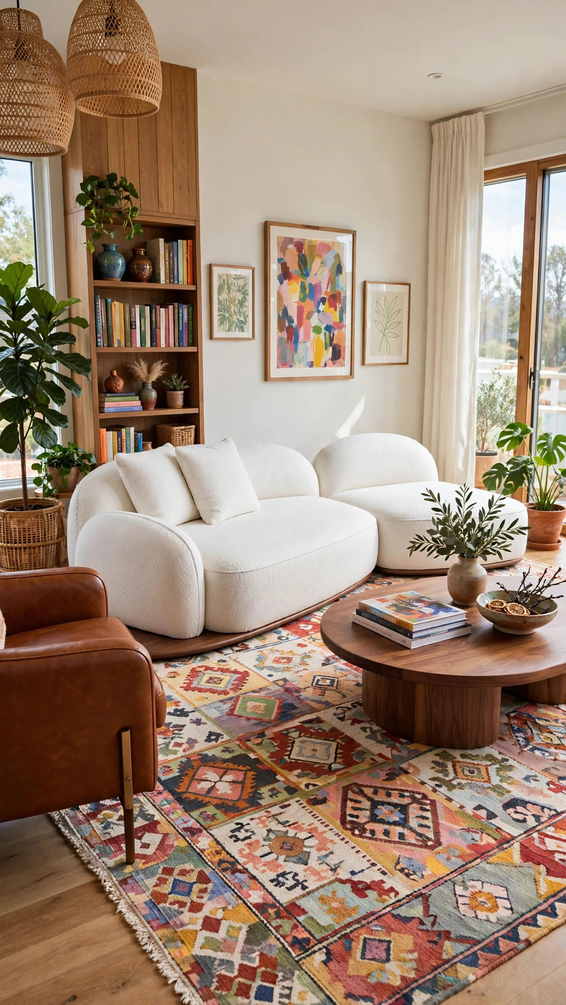 Cloud-White Bouclé Sectional - Dark Wood Circular Base