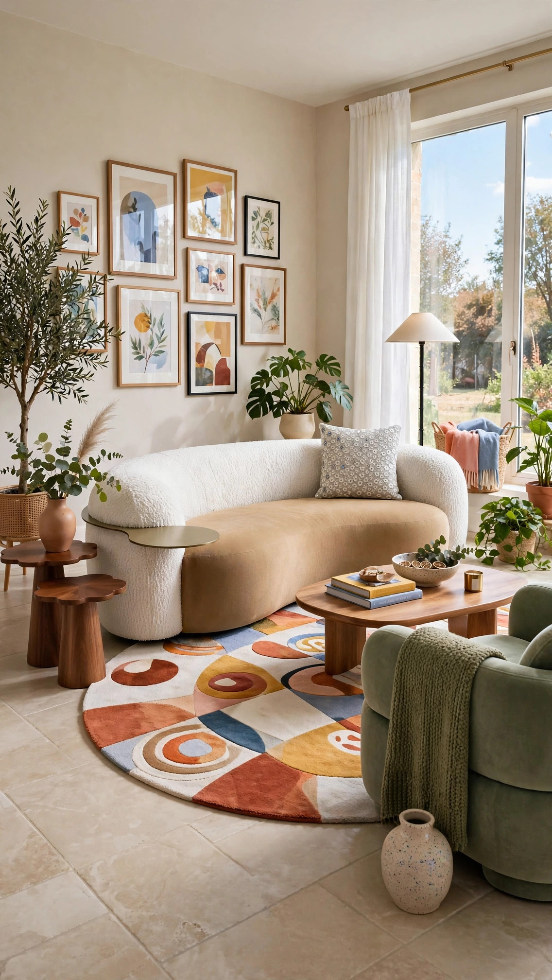 Curved Sofa - White Bouclé Arms with Tan Seat