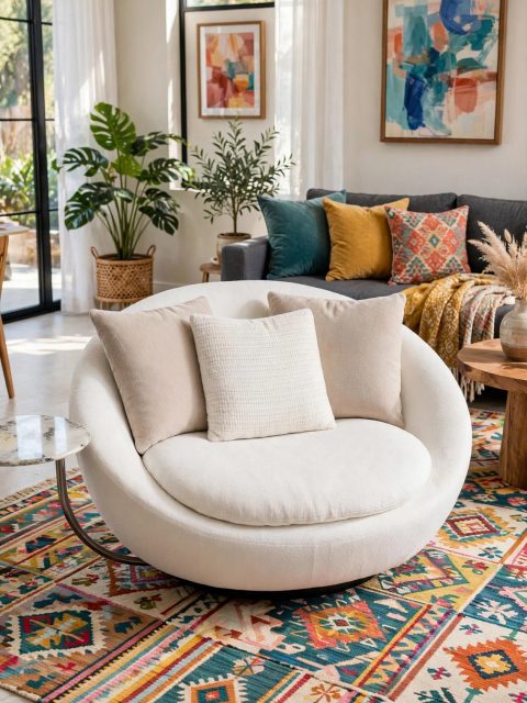White Circular Bouclé Pod Lounge Chair