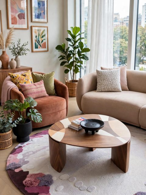 Curved Beige Upholstered Sofa