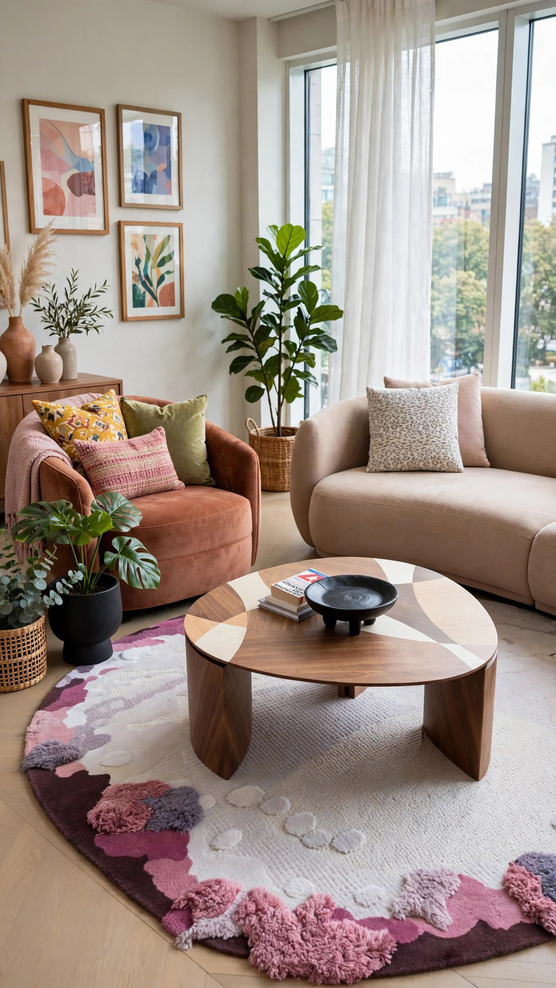 Curved Beige Upholstered Sofa