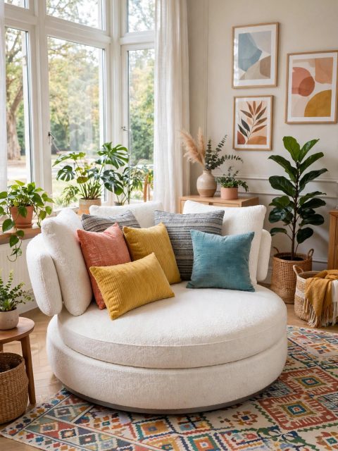 Round White Bouclé Sofa - Attachable Curved Backrest