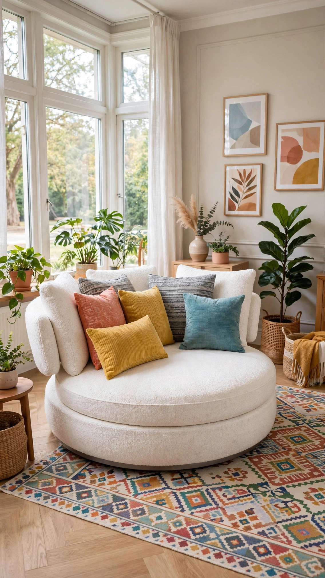Round White Bouclé Sofa - Attachable Curved Backrest