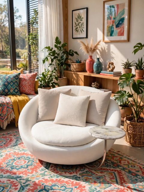 White Sculptural Bowl Lounge Chair with Attached Marble Side Table