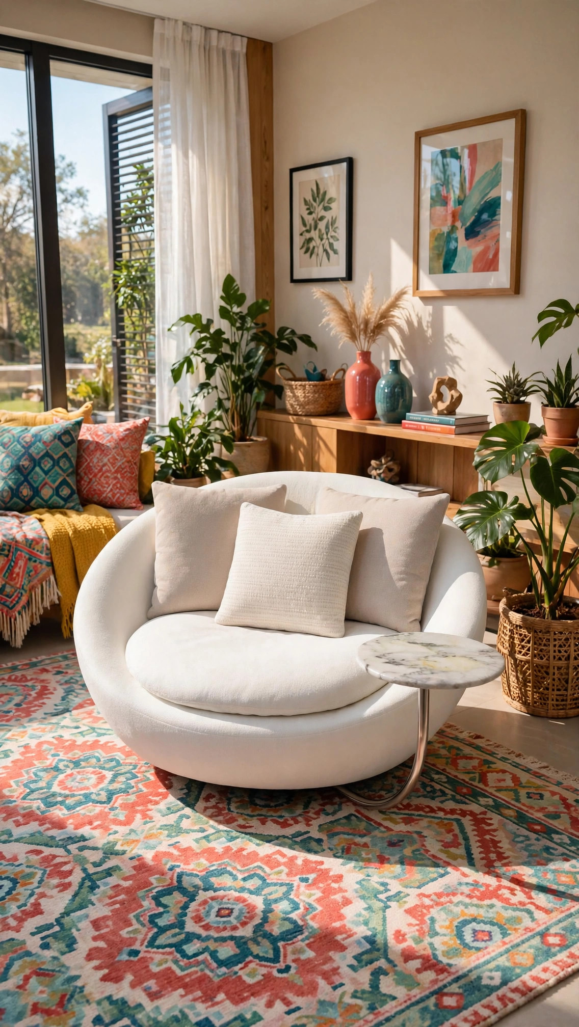 White Sculptural Bowl Lounge Chair with Attached Marble Side Table