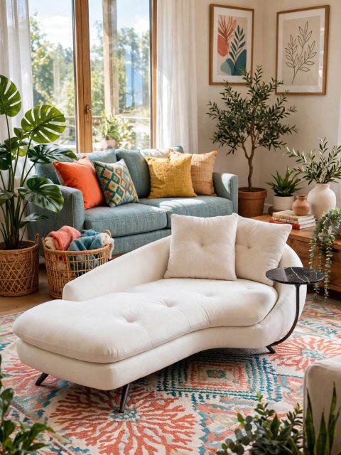 White Sculptural Chaise Longue with Attached Black Marble Side Table