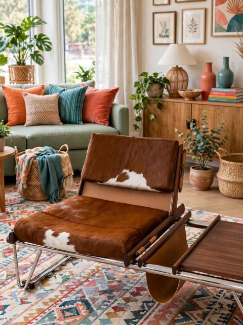 Brown Cowhide Lounge Chair with Chrome Frame