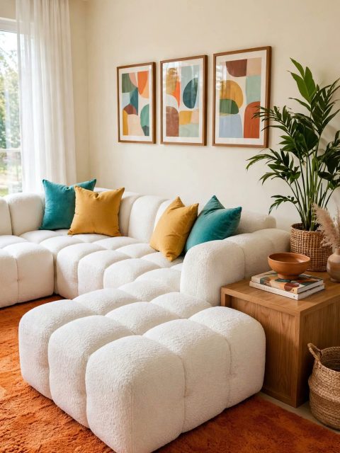 White Bouclé Modular Sofa - L-Section with Wood Side Table