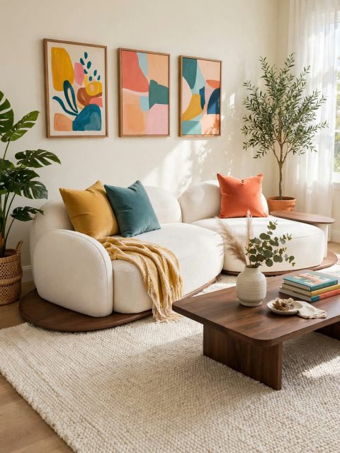 Curved Off-White Bouclé Sofa - Integrated Wood Base and Side Tables