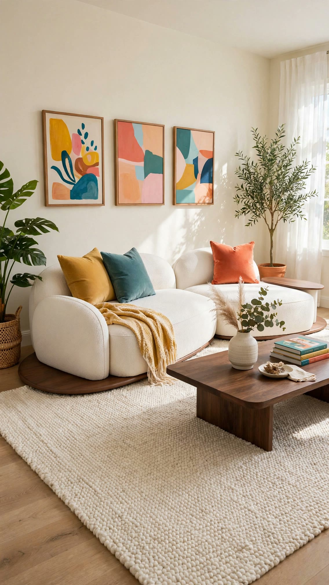 Curved Off-White Bouclé Sofa - Integrated Wood Base and Side Tables