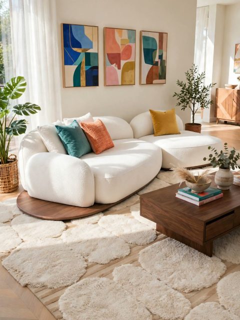 Curved White Bouclé Sectional - Wood Side Tables and Storage Coffee Table