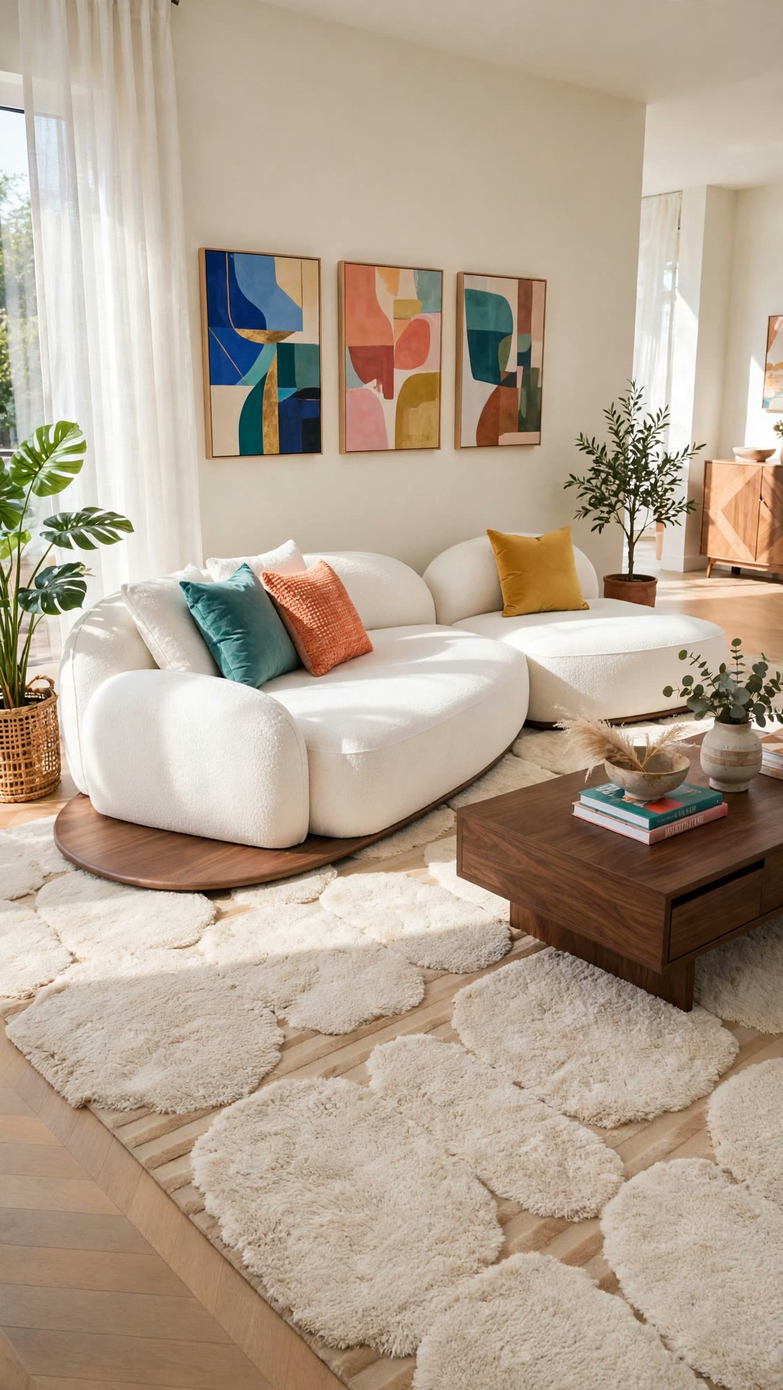 Curved White Bouclé Sectional - Wood Side Tables and Storage Coffee Table