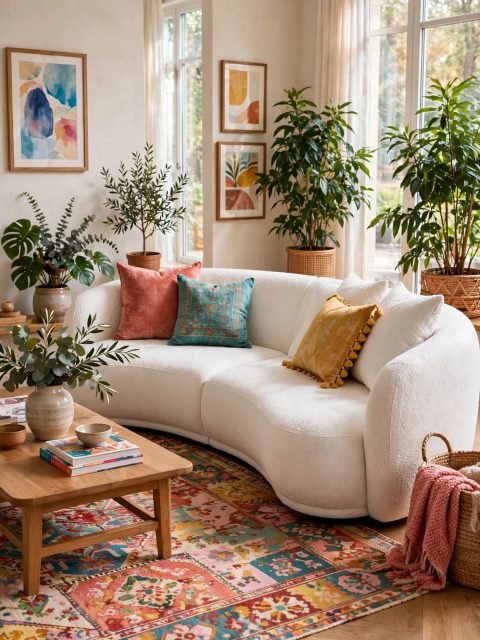 Curved White Bouclé Sofa