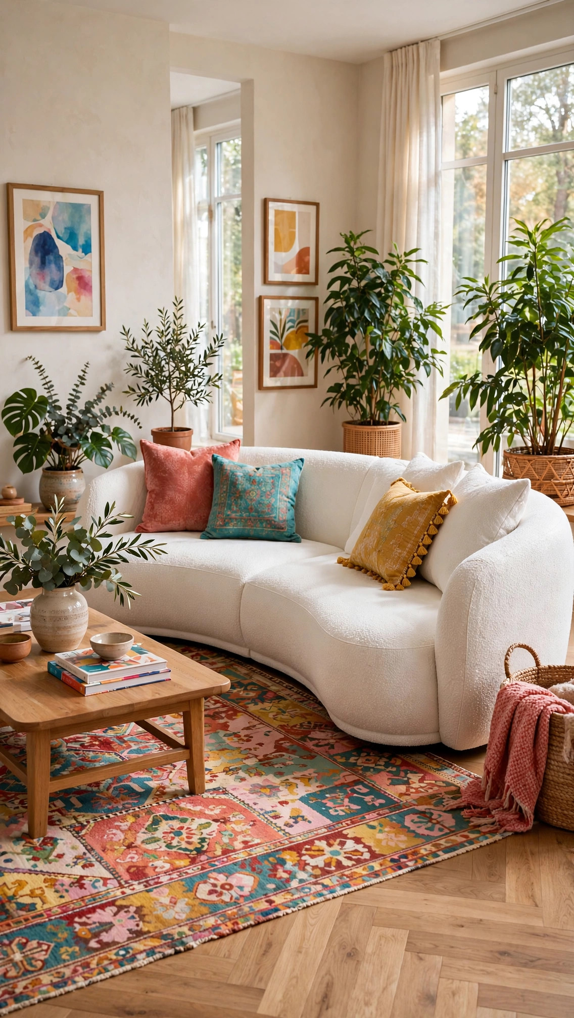 Curved White Bouclé Sofa