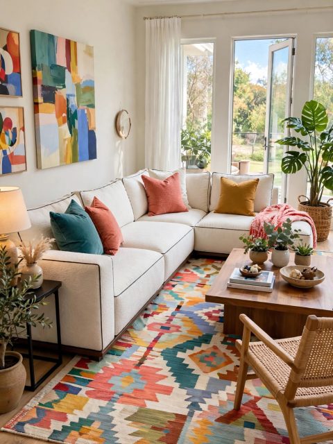 L-Shaped Off-White Bouclé Sectional - Dark Piping