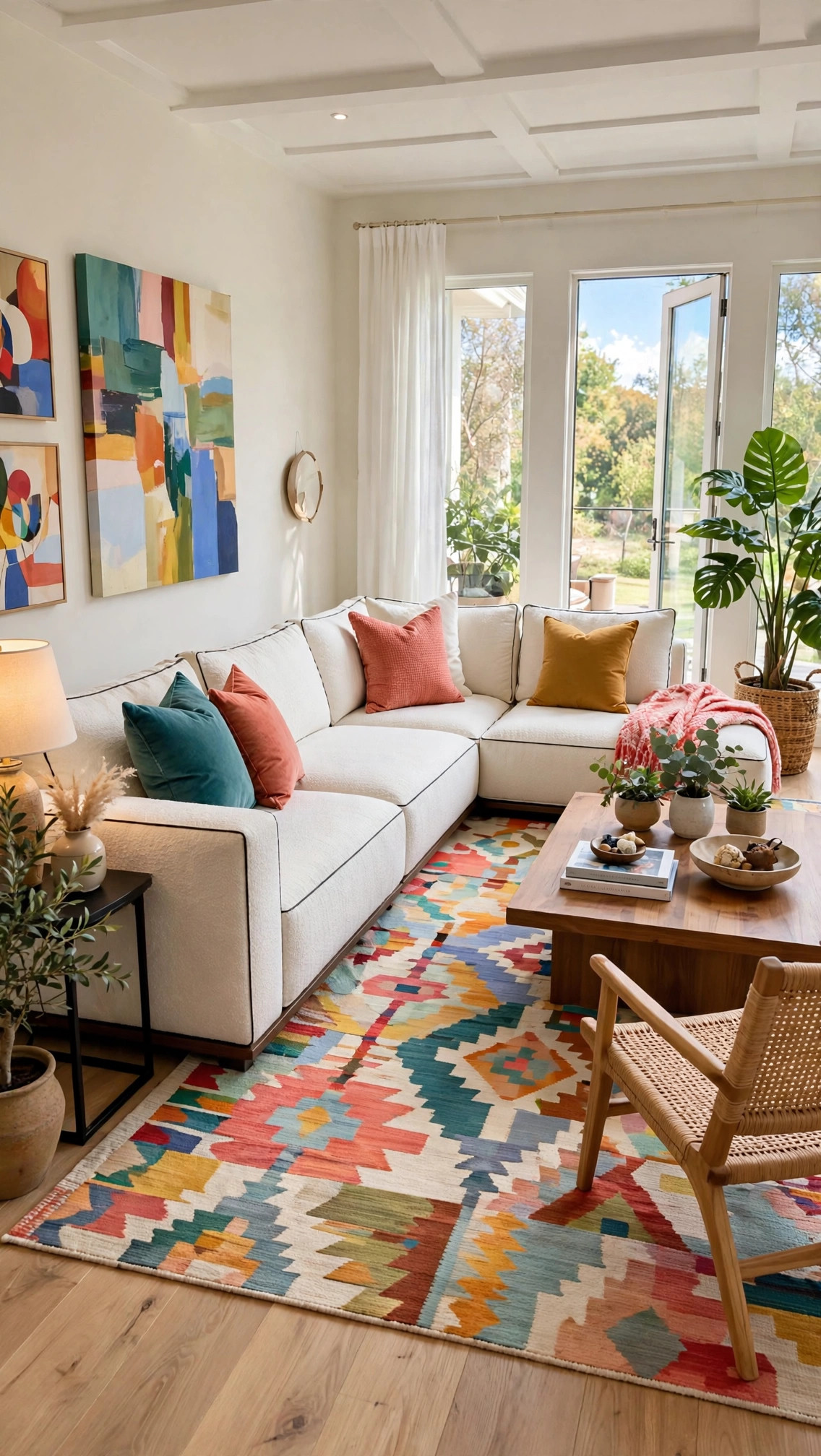 L-Shaped Off-White Bouclé Sectional - Dark Piping