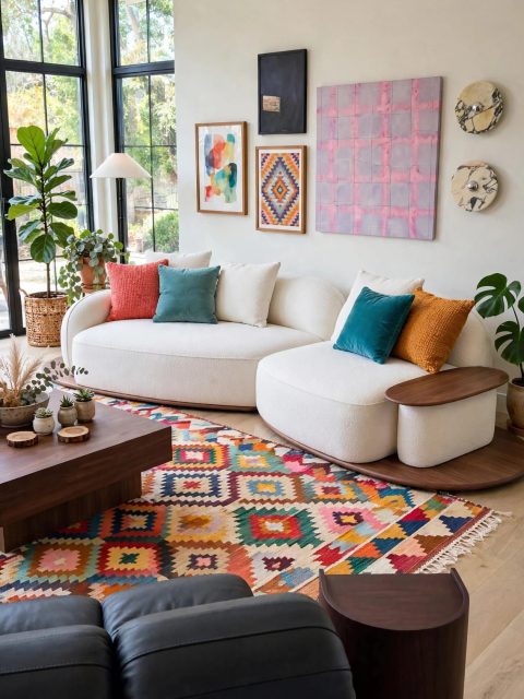 White Bouclé Modular Sofa - Organic Curves and Wood Side Tables