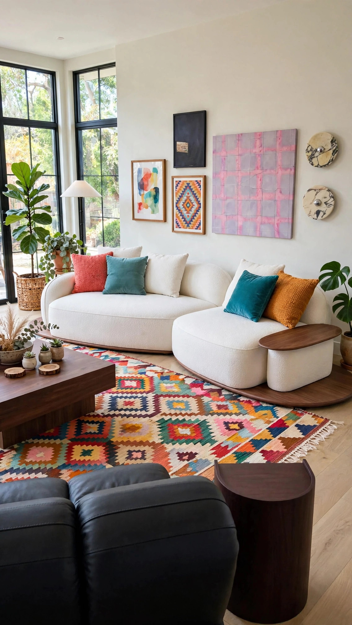 White Bouclé Modular Sofa - Organic Curves and Wood Side Tables