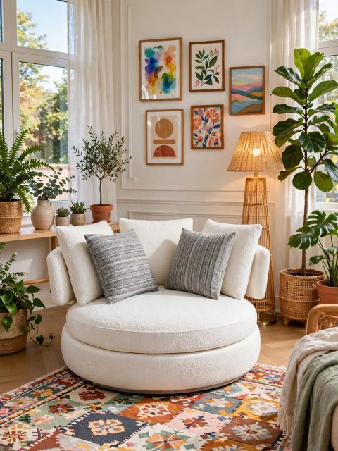 Round White Bouclé Armchair - Grey Striped Pillows