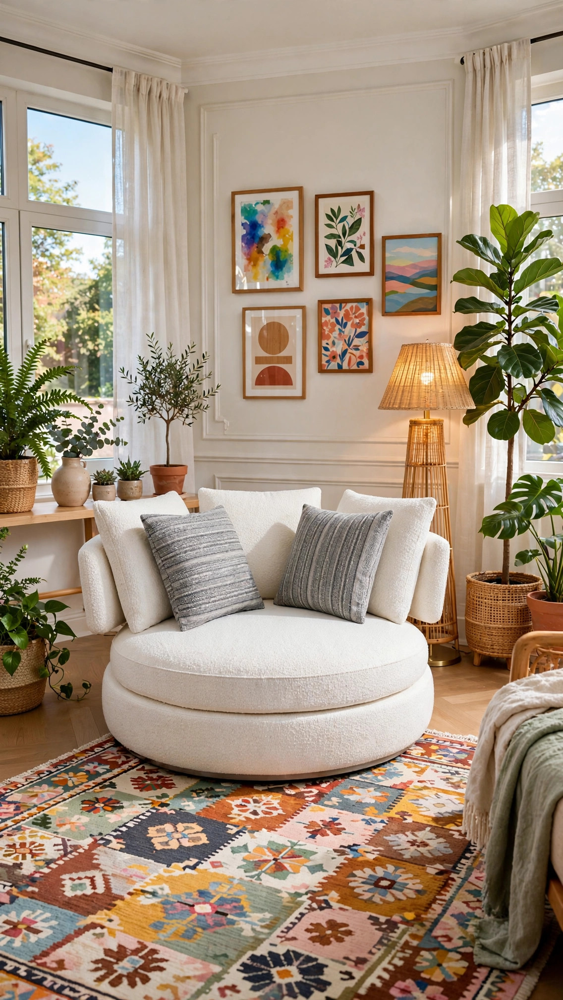 Round White Bouclé Armchair - Grey Striped Pillows