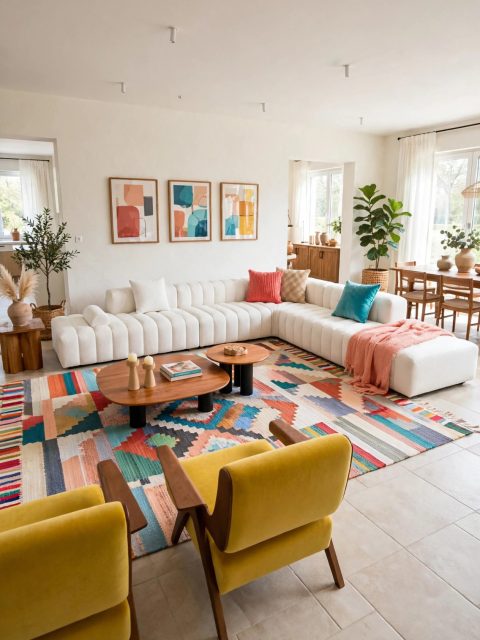 White Bouclé Modular Sectional - Cylindrical Pillows