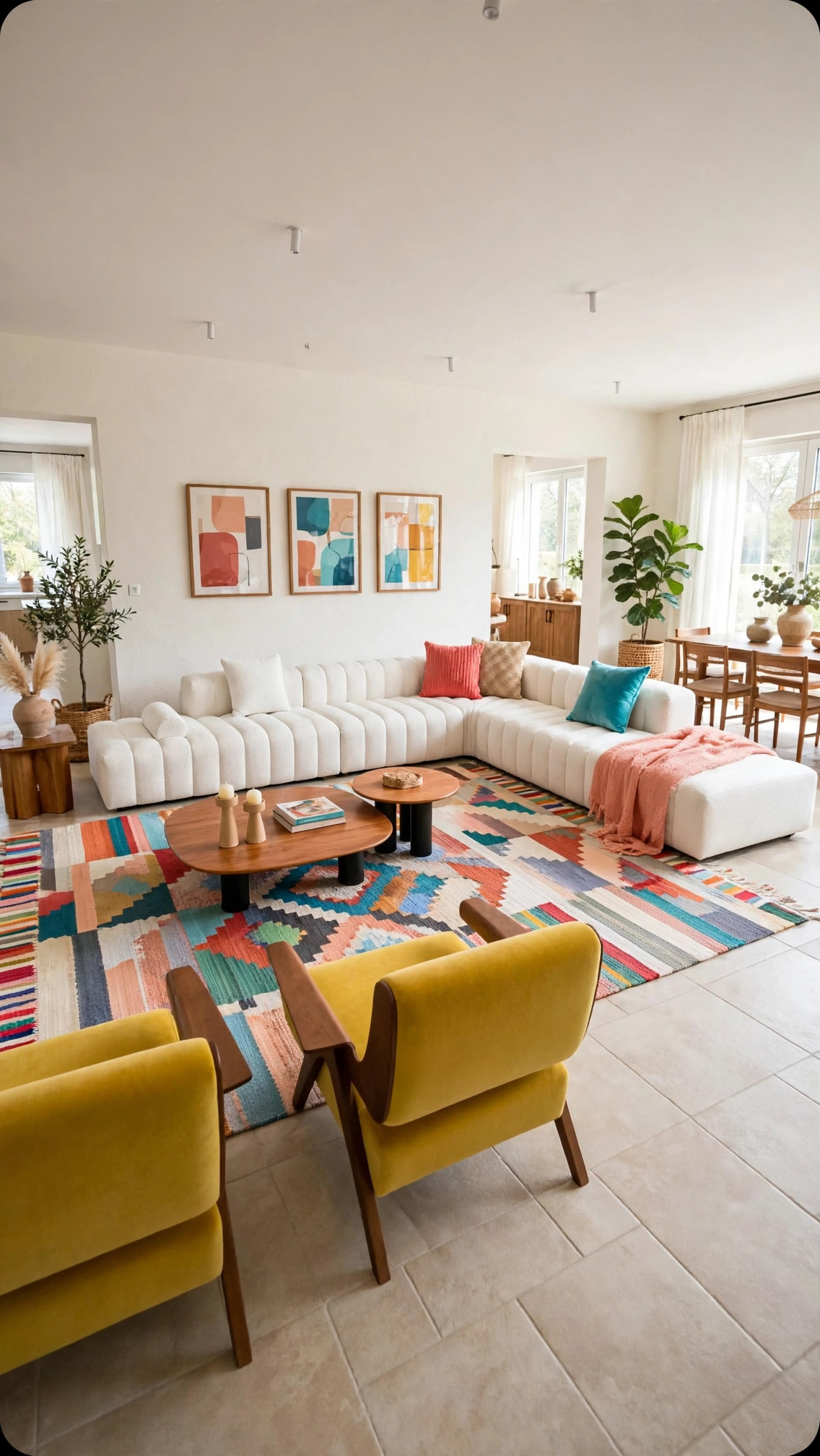 White Bouclé Modular Sectional - Cylindrical Pillows