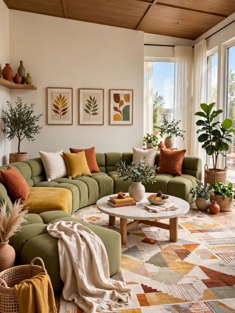 Olive-Green Curved Tufted Modular Sectional