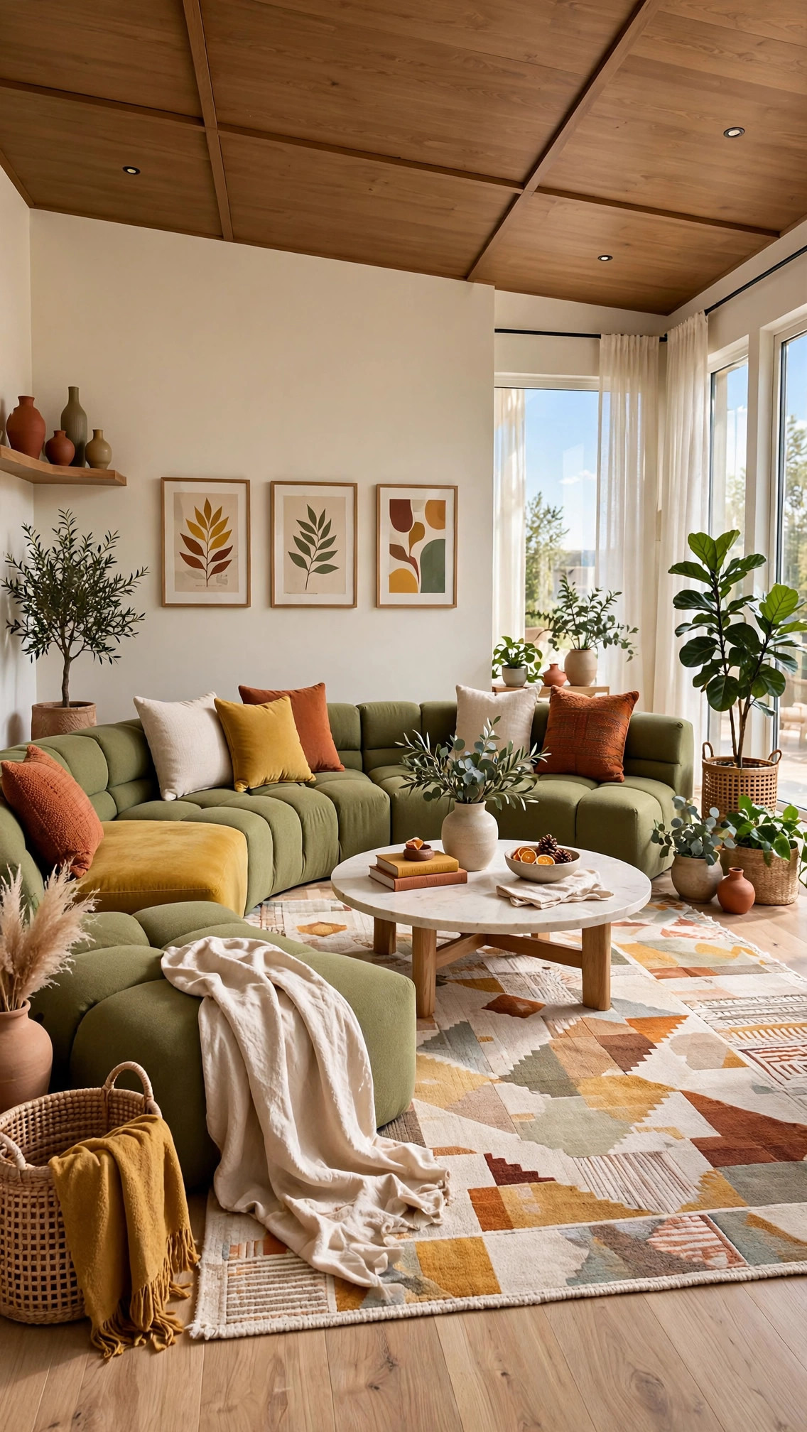 Olive-Green Curved Tufted Modular Sectional