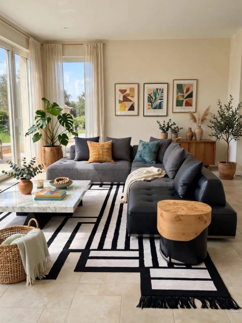 Grey Fabric L-Sectional with Black Leather Chaise