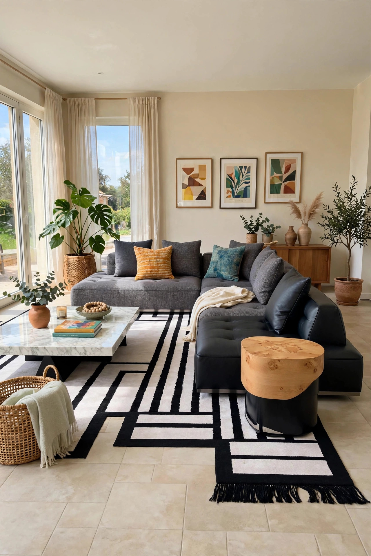Grey Fabric L-Sectional with Black Leather Chaise