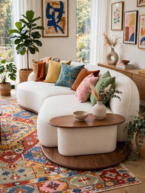 Off-White Bouclé Modular Sectional - Circular Wood Base
