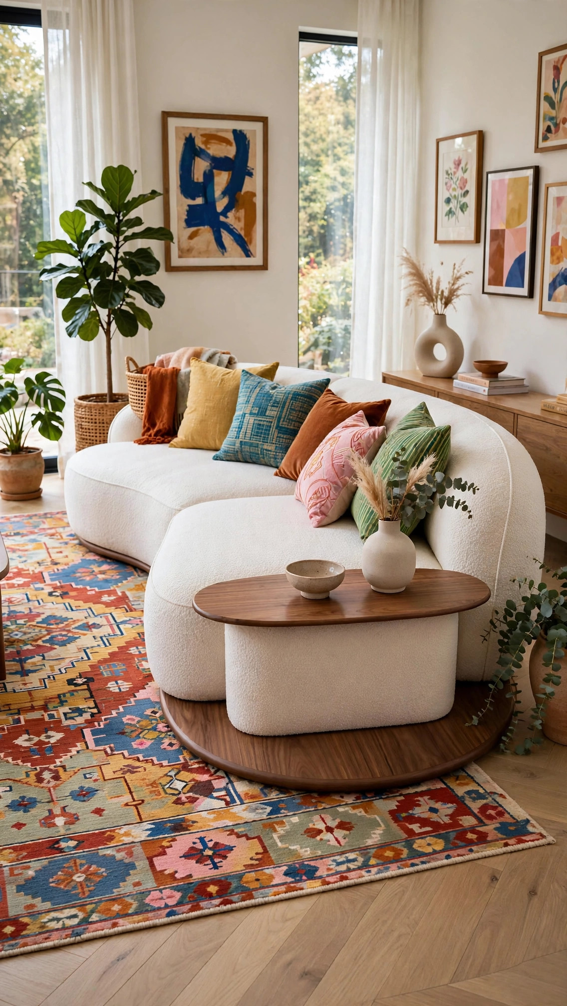 Off-White Bouclé Modular Sectional - Circular Wood Base