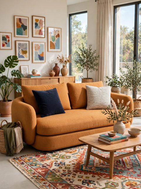 Mustard-Orange Bouclé Modular Sofa