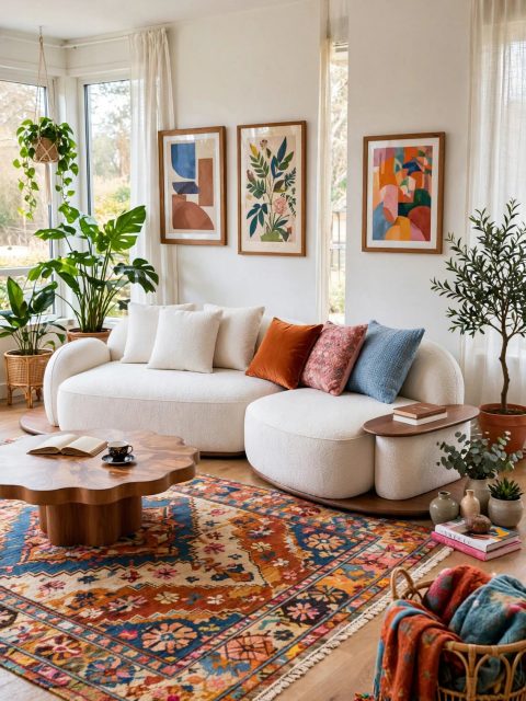 Curved White Bouclé Sectional - Circular Wood Base
