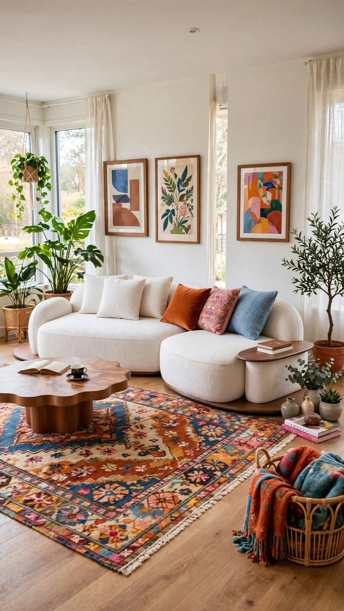 Curved White Bouclé Sectional - Circular Wood Base