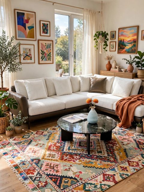 White Bouclé L-Sectional with Dark Brown Leather Trim