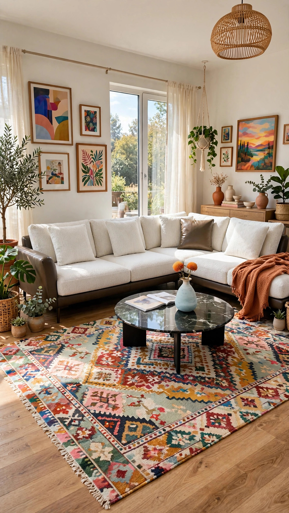 White Bouclé L-Sectional with Dark Brown Leather Trim