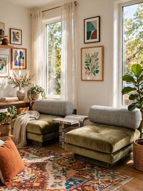 Pair of Olive-Green Velvet Lounge Chairs with Plaid Bolsters