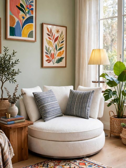 Round White Bouclé Lounge Chair - Grey Striped Pillows