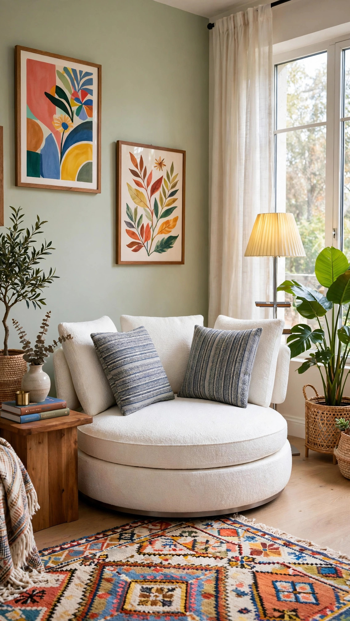 Round White Bouclé Lounge Chair - Grey Striped Pillows