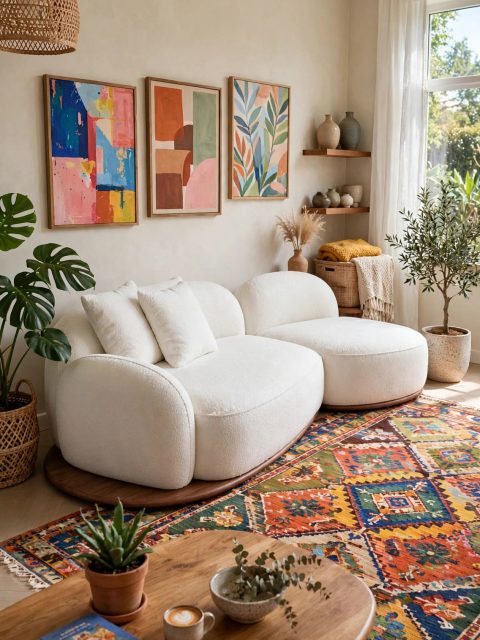 Cloud-White Bouclé Sectional - Dark Wood Circular Base