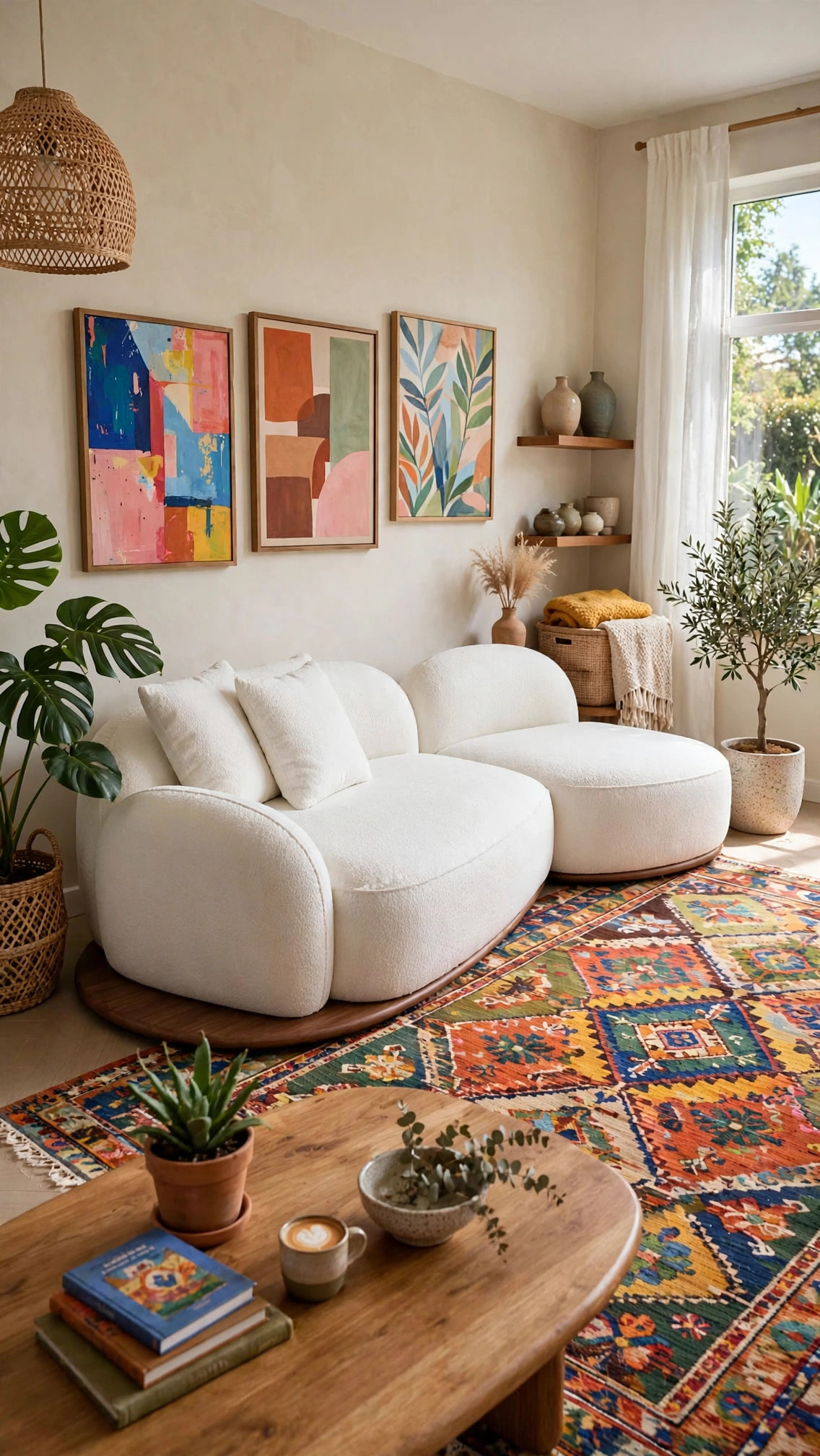 Cloud-White Bouclé Sectional - Dark Wood Circular Base