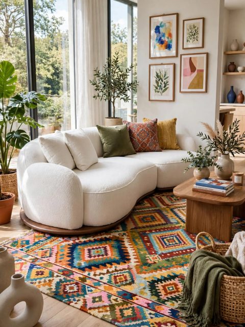 Curved White Bouclé Sectional - Integrated Wooden Base