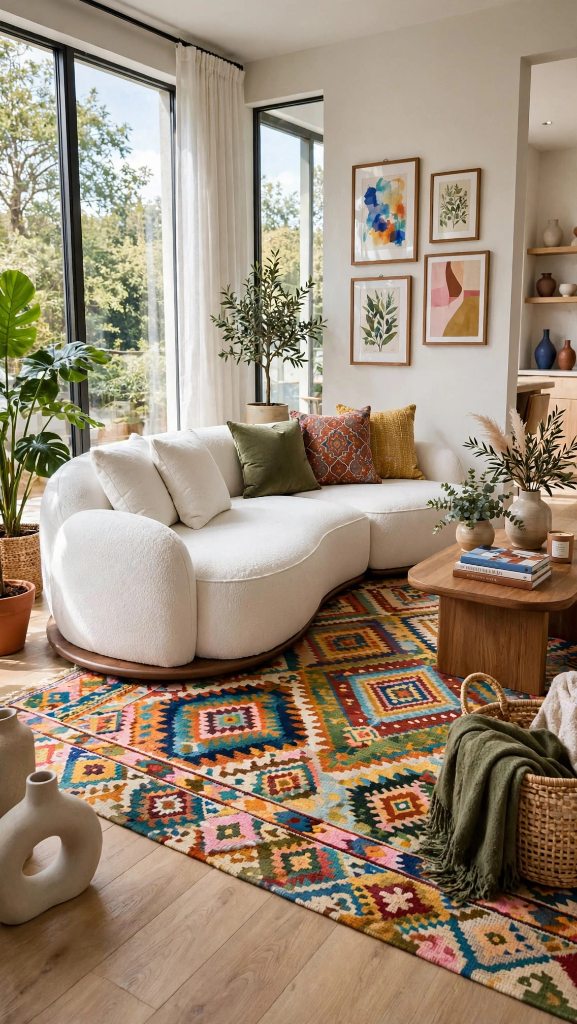 Curved White Bouclé Sectional - Integrated Wooden Base