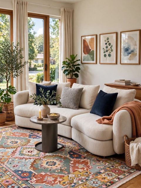 Light-Beige Curved Sectional - Navy and Grey Cushions