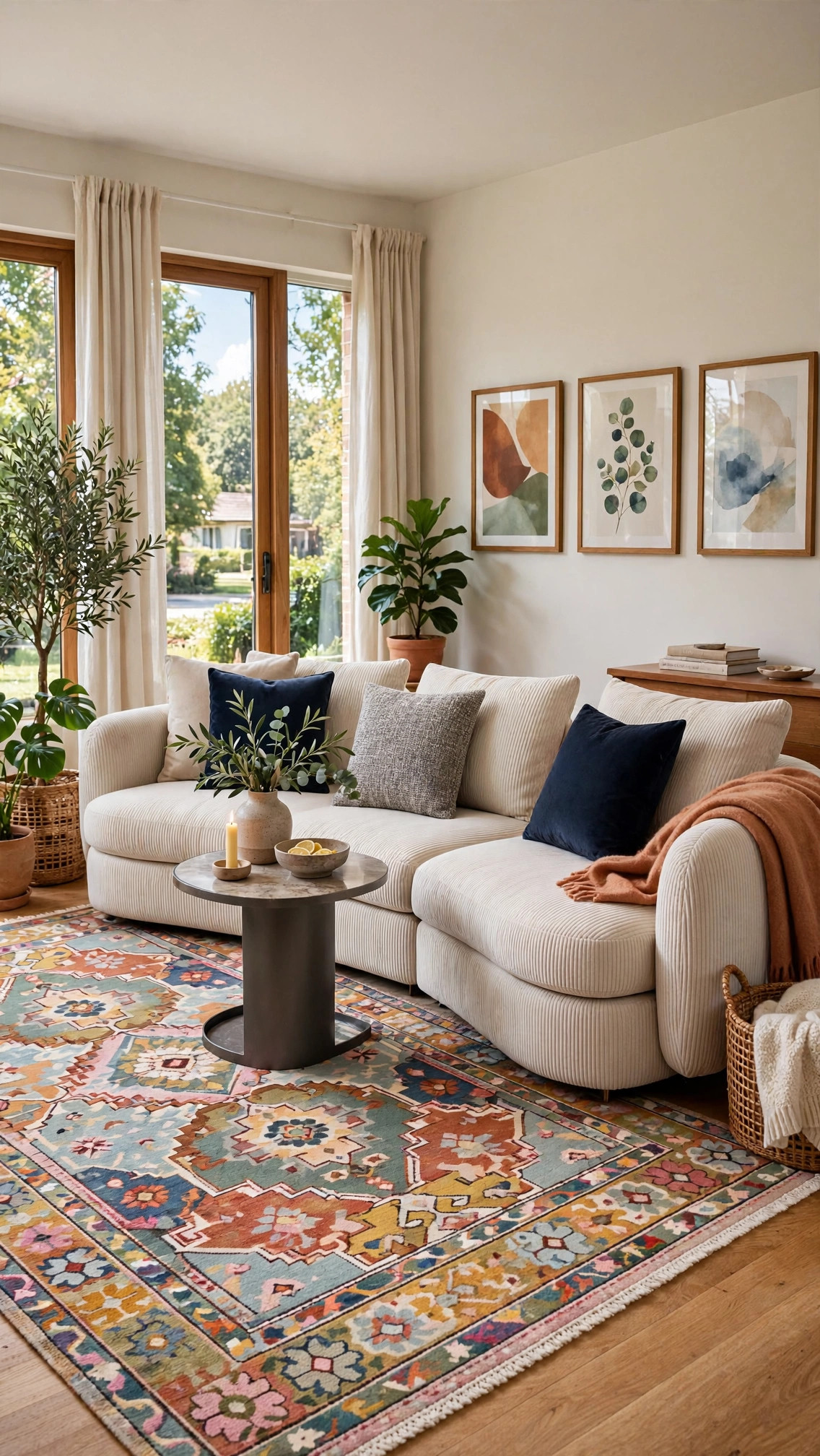 Light-Beige Curved Sectional - Navy and Grey Cushions
