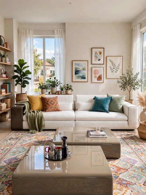 Low-Profile White Sectional - Glossy Brown Side Tables