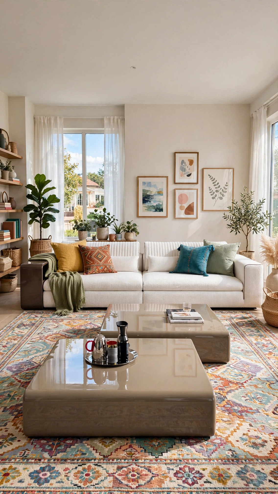 Low-Profile White Sectional - Glossy Brown Side Tables